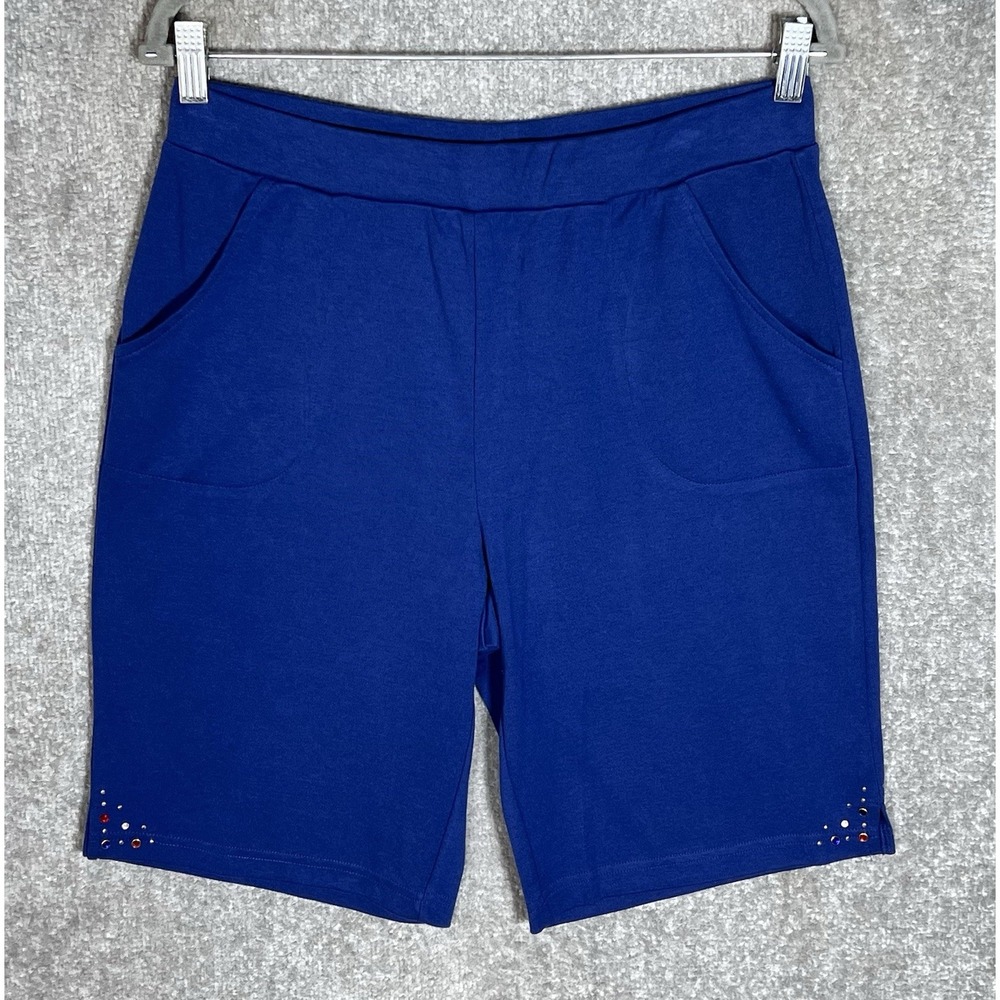 Quacker Factory Pull On Bermuda Shorts Womens Sz Medium Blue Pockets Rhinestone